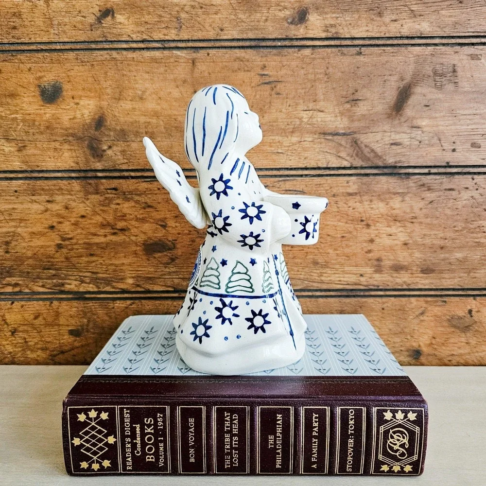 Vtg Polish Pottery Angel Taper Candle Holder Figurine Boleslawiec Cobalt Blue